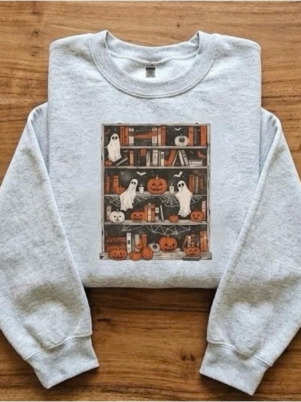 Spooky Bookshelf Halloween Crewneck Sweatshirt Bookish Ghost Pullover Grey